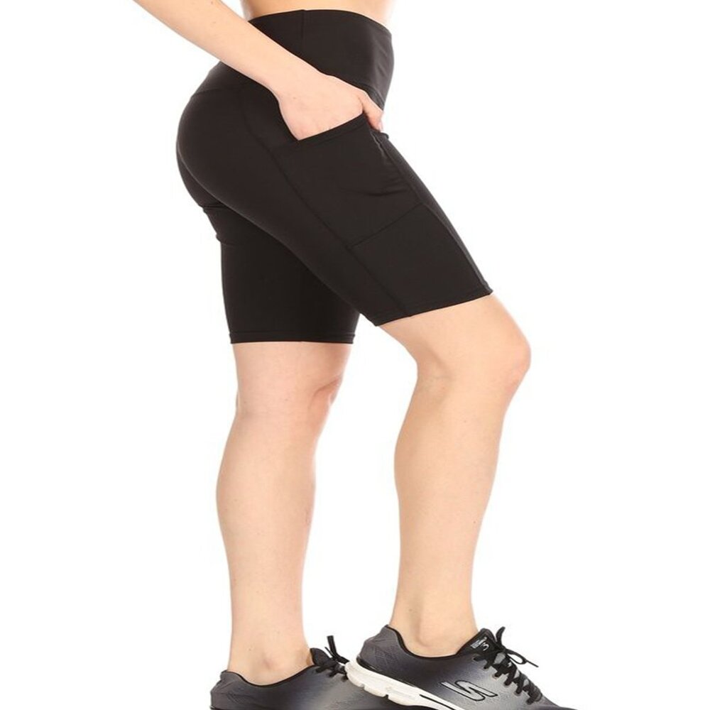 High Waist Tummy Control 8"Inseam Stretch Yoga Bike Shorts w/Pockets M Black